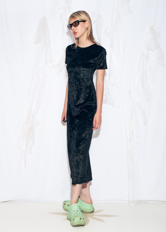 Vintage 90s Azul Limited Maxi Dress in Black Velvet - 1990s Grunge Long T-Shirt Dress - Y2K Whimsigoth Style - Size S