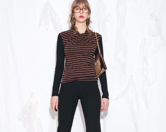 Vintage Y2K Fitted Top in Black and Brown Striped - 2000s Slim Fit Office Siren Blouse - Size S