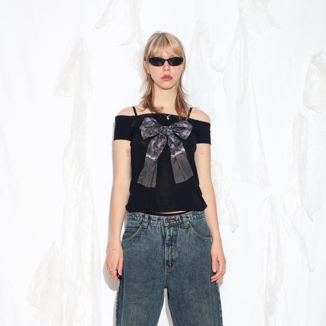 Reworked Vintage Y2K off Shoulder Top in Black - 2000s Coquette 