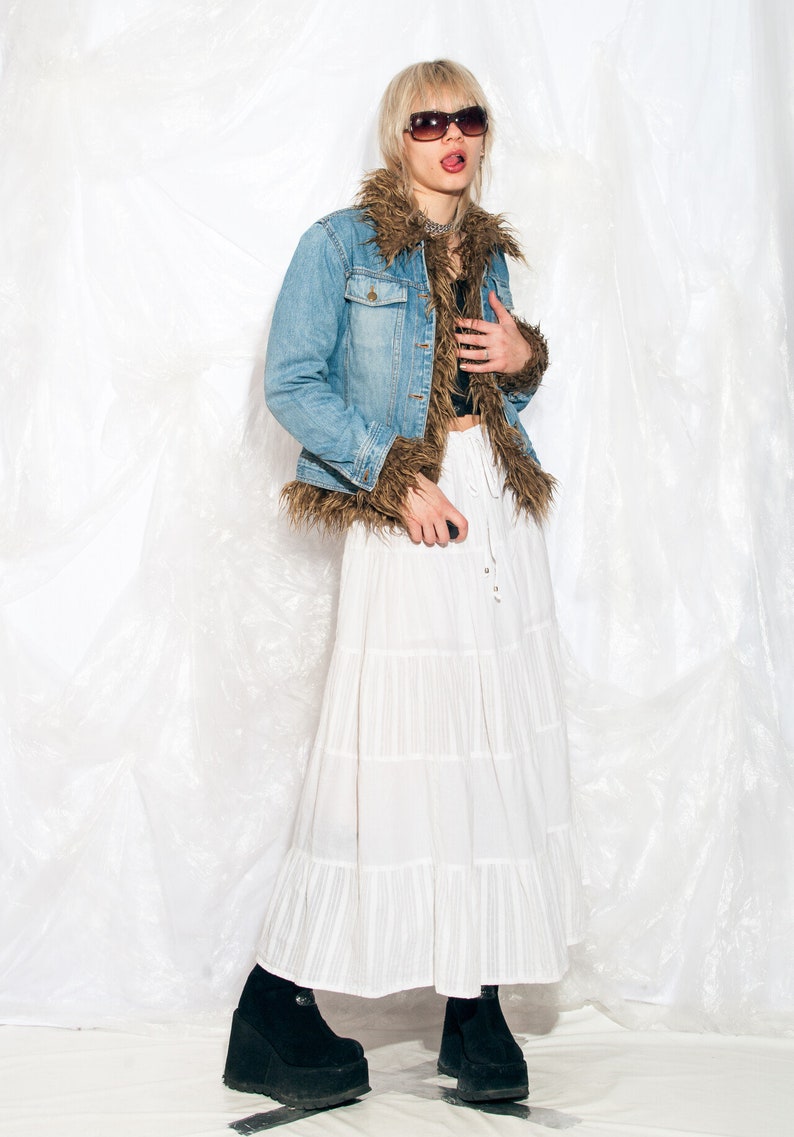 Vintage Y2K Denim Jacket with Faux Fur Lining 2000s Fairycore Grunge Blue Furry Coat Small image 5
