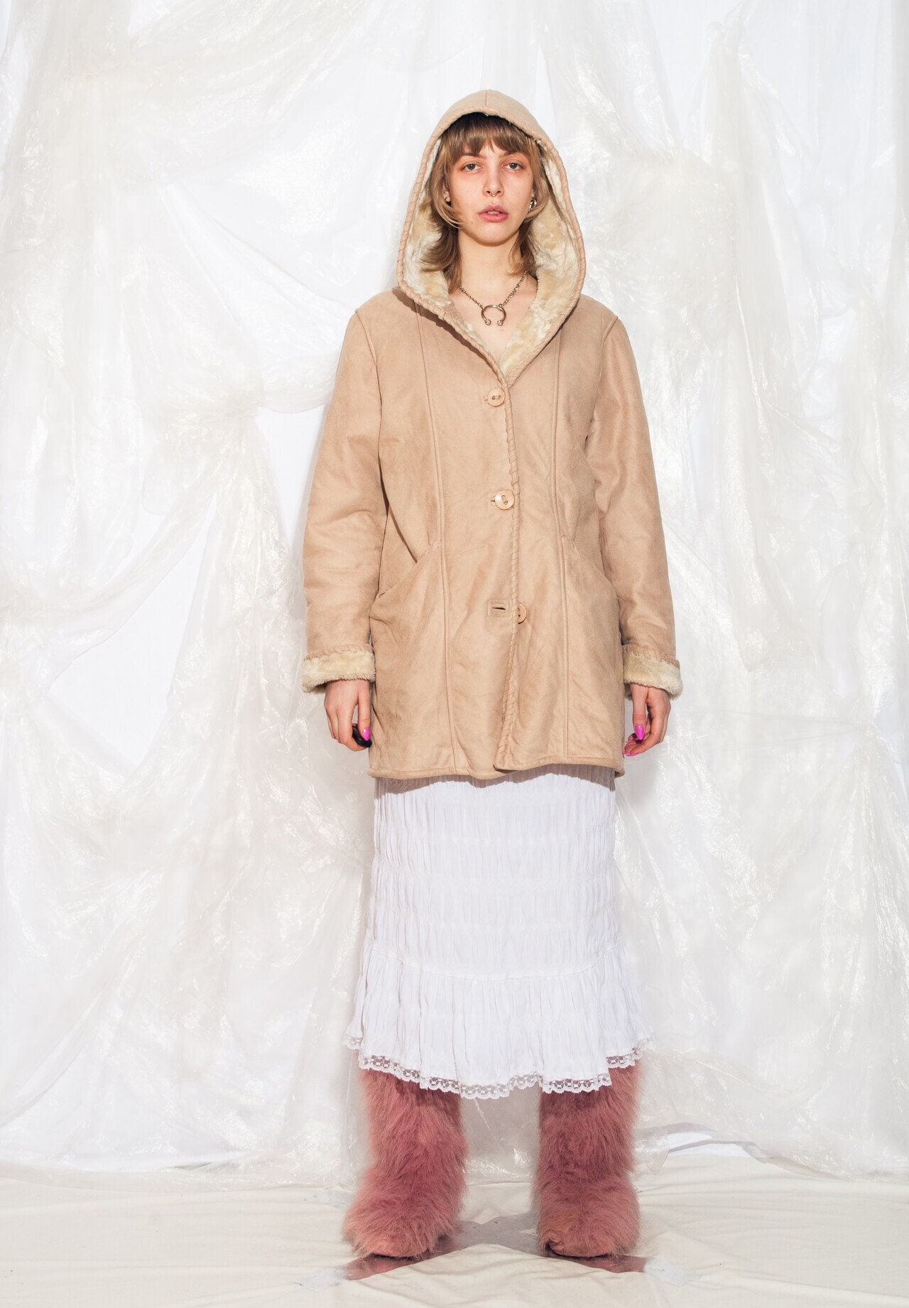 Vintage 90s Faux Shearling Coat in Beige Hooded Y2K Furry