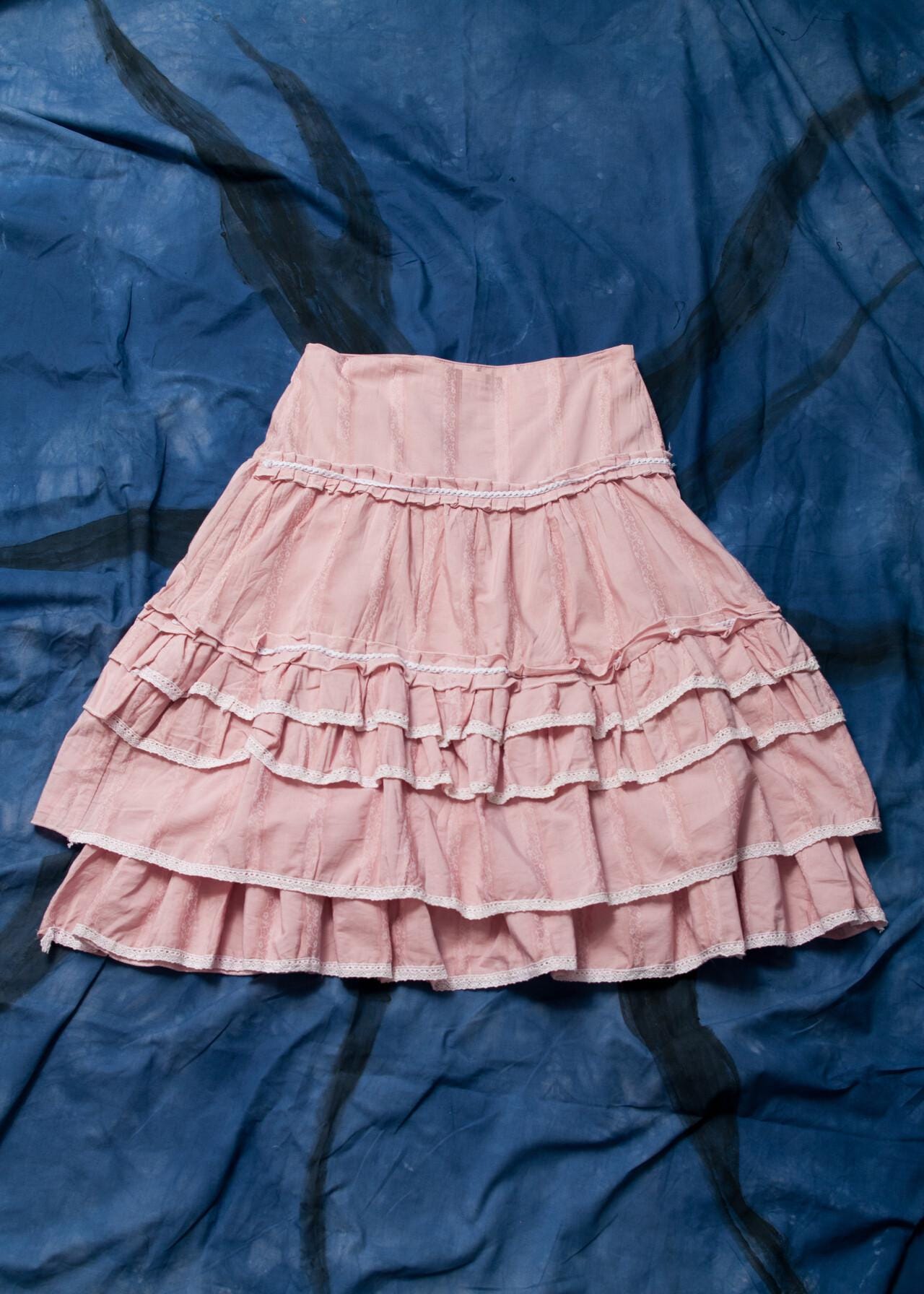 Vintage Y2K Frilly Coquette Midi Skirt in Pastel Pink - 2000s Mori Kei Style Low Rise Skirt - Size S