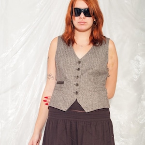 Vintage Y2K Brown Wool Waistcoat - 2000s Office Siren Tailored Vest - Size L/M