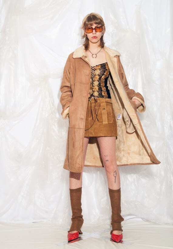 Vintage Y2K Faux Shearling Coat in Beige 2000s Faux Suede Fur