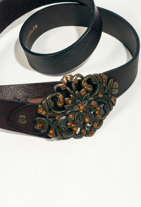 Deadstock Vintage Leather Belt Y2K Bronze Flower R