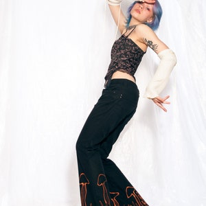 Vintage Flare Trousers Y2K Reworked Mushroom Paint Pants 2000s Fairycore Hand-painted Flares Black Cotton size M image 2