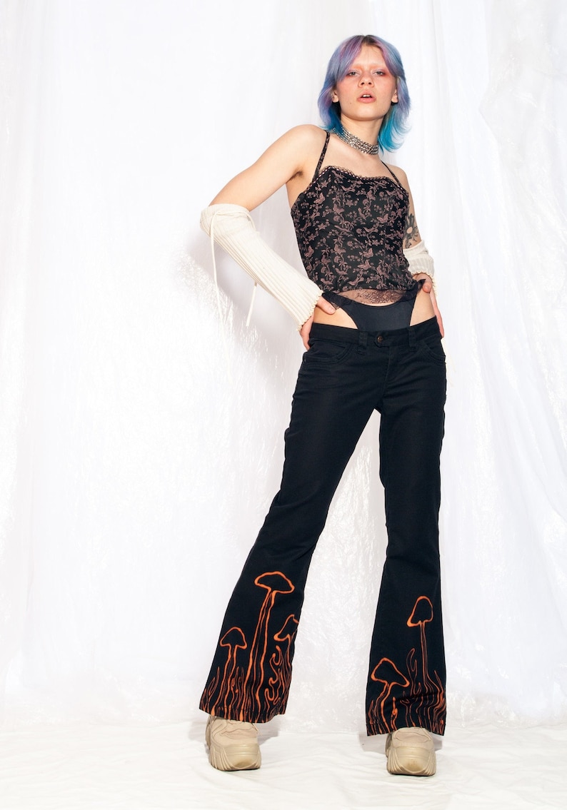 Vintage Flare Trousers Y2K Reworked Mushroom Paint Pants 2000s Fairycore Hand-painted Flares Black Cotton size M image 1