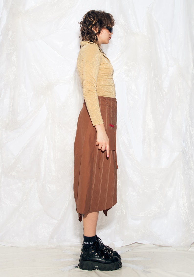 Vintage Y2K Cargo Skirt in Brown Cotton 2000s Gorpcore Pocket Utility Skirt Fairycore Grunge Middle Rise Midi Skirt Large image 7