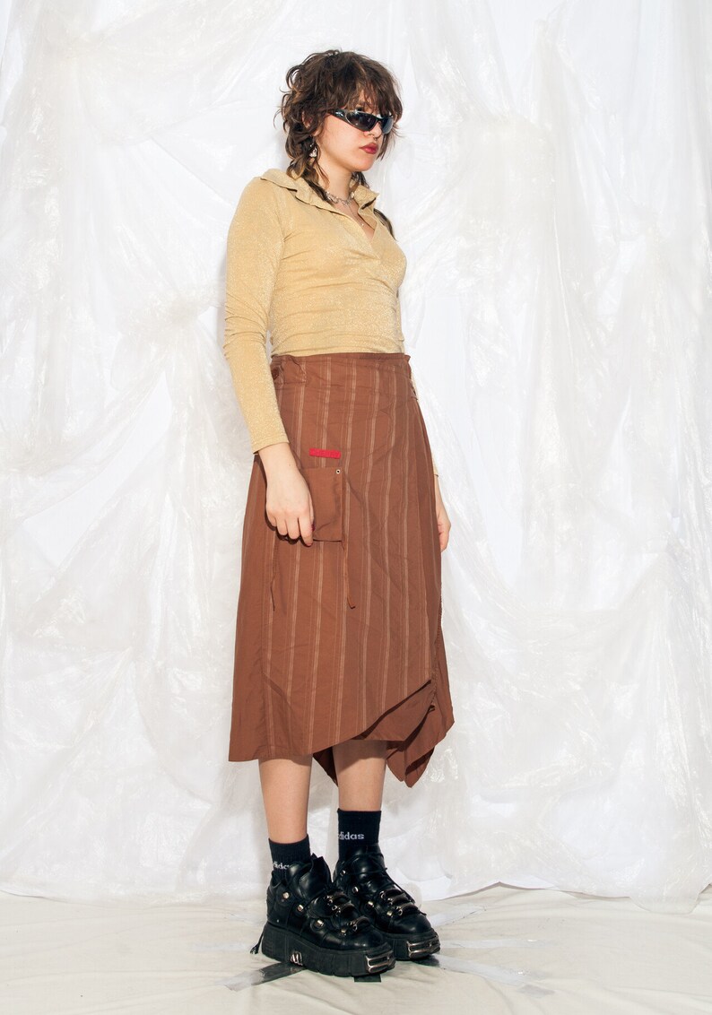 Vintage Y2K Cargo Skirt in Brown Cotton 2000s Gorpcore Pocket Utility Skirt Fairycore Grunge Middle Rise Midi Skirt Large image 6