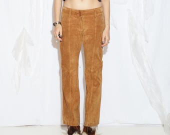 Vintage Y2K Leather Trousers in Brown - 2000s Low Waist Suede Bootcut Pants - Grunge Style Bottoms - Size L