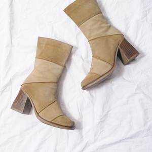 Vintage Y2K Ankle Boots in Beige Suede - 2000s Patchwork High Heel Footwear - Whimsigoth Style Leather Shoes - Size 36