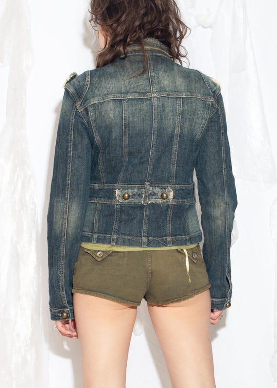 Vintage Y2K Fitted Denim Napoleon Jacket in Blue - 2000s Dromedar