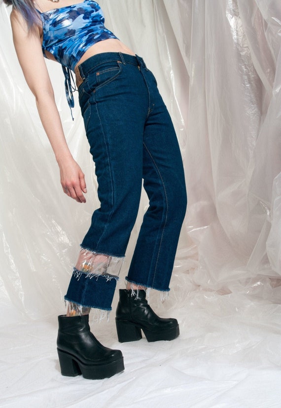 Vintage jeans 90s reworked clear PVC panel crop d… - image 1