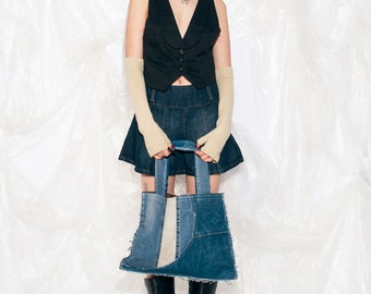 ヴィンテージパッチワークデニムバッグ（ブルー）Y2K 90年代風アップ