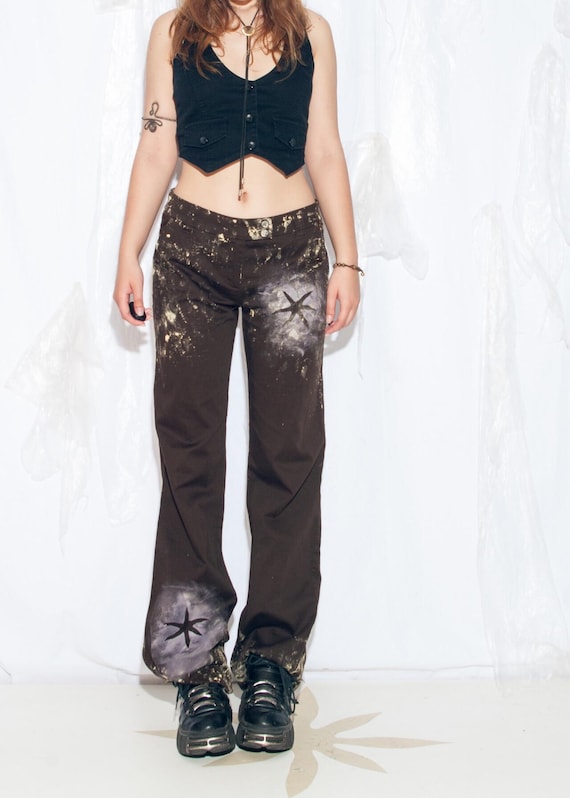 Reworked Vintage Y2K Flare Pants in Hand Painted Brown - 2000s