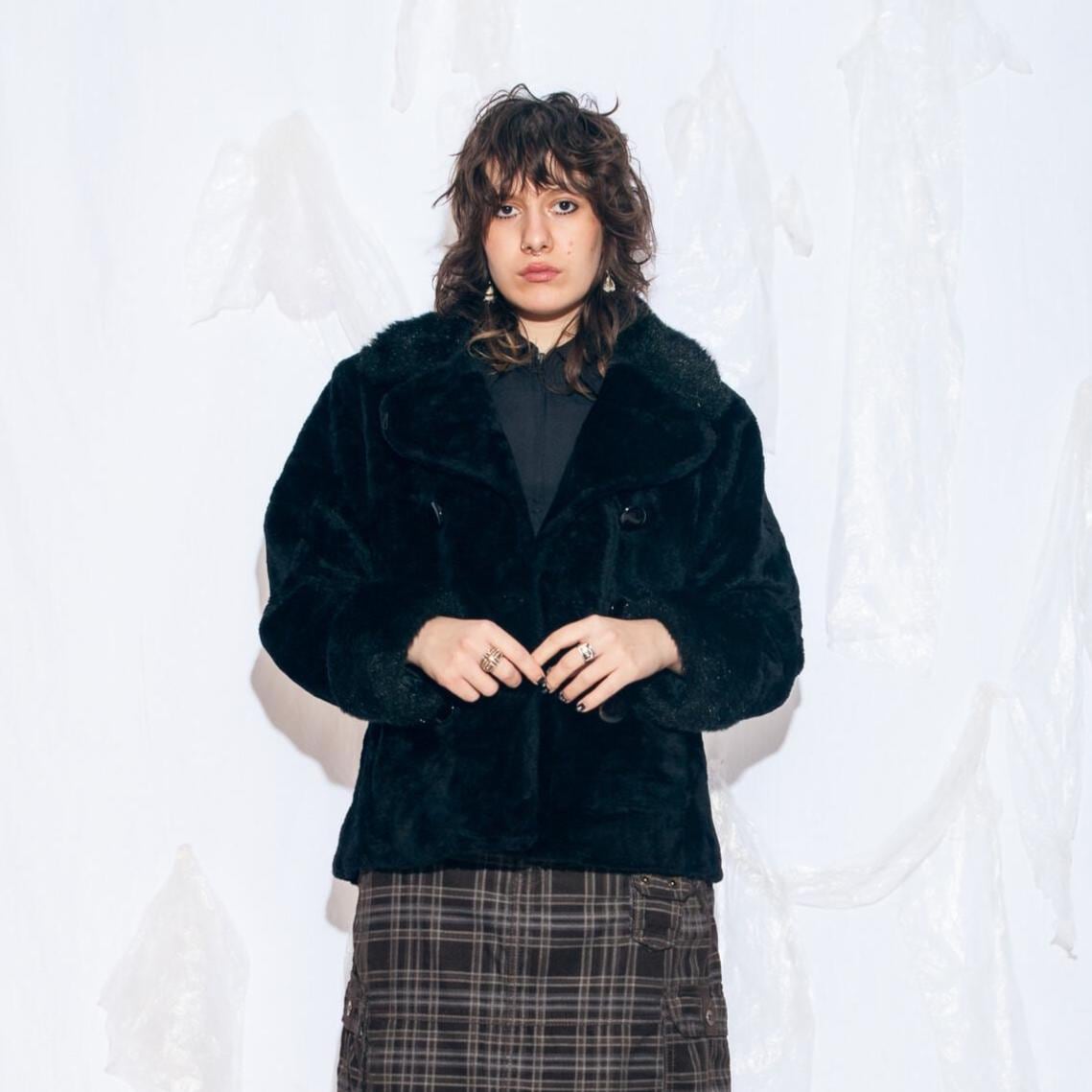 Vintage Y2K Winter Coat in Black Faux Fur - 2000s Double Breasted