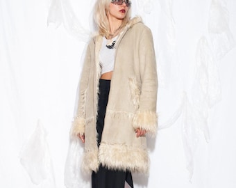Vintage Y2K Penny Lane Coat in Beige w Hood - 2000s Faux Shearling Whimsigoth Faux Leather Jacket - Size M
