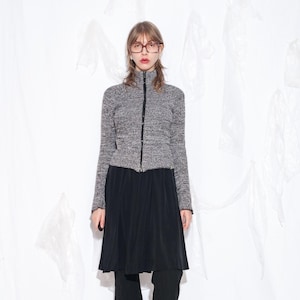 Vintage Y2K Knit Cardigan in Grey - 2000s Fitted Zip Cotton Sweater - Flare Sleeved Jumper - Size S