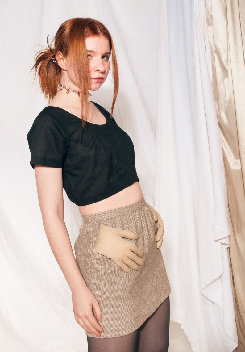 Vintage skirt Y2K reworked glove hand beige wool mini skirt 2000s one-off handmade upcycled funky designer high-waisted skirt