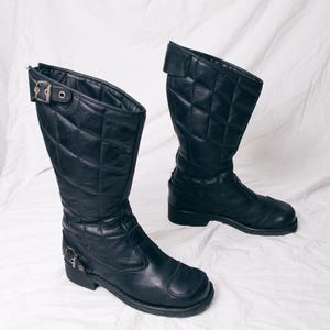 Vintage 90s Black Leather Boots - 1990s Grunge Biker Chunky Western Style Footwear - Moto Riding Shoes - Size 38.5