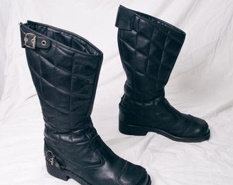 Vintage 90s Black Leather Boots - 1990s Grunge Biker Chunky Western Style Footwear - Moto Riding Shoes - Size 38.5
