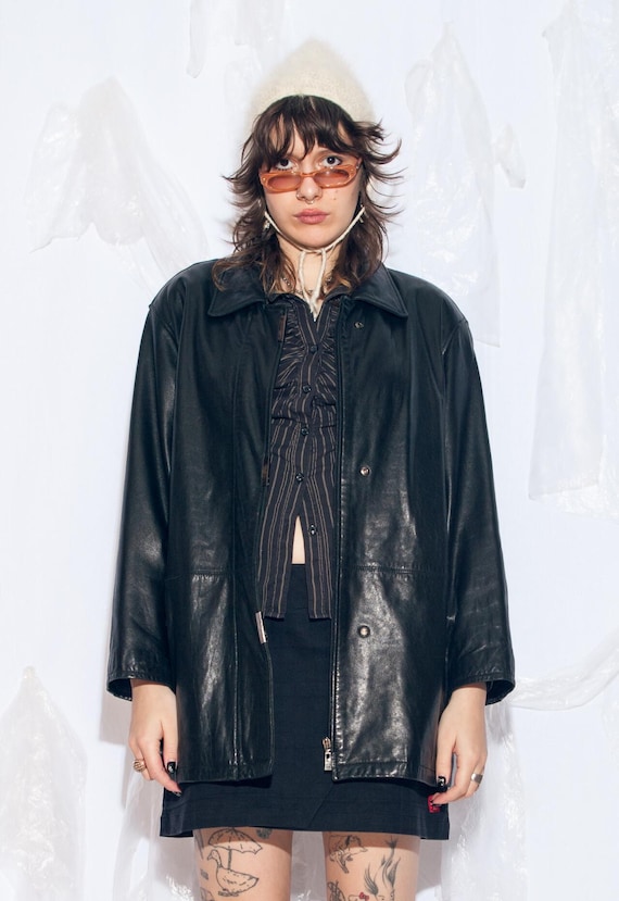 Vintage 90s Leather Coat in Black by BIBA + Pariscop - 1990s
