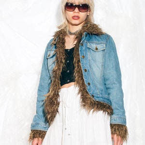 Vintage Y2K Denim Jacket with Faux Fur Lining 2000s Fairycore Grunge Blue Furry Coat Small image 2