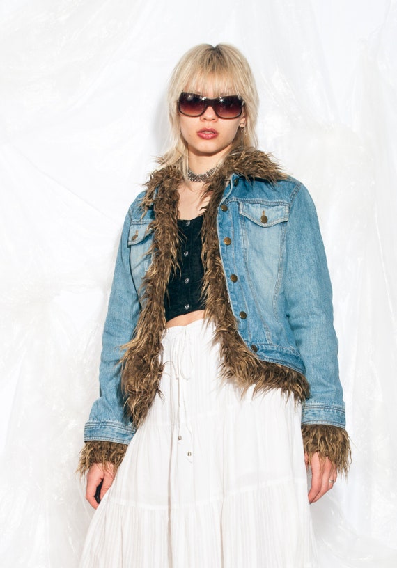 Vintage Y2K Denim Jacket With Faux Fur Lining 2000s Fairycore