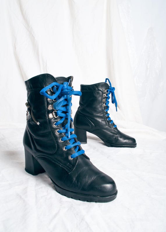 Vintage 90s Leather Boots in Black - 1990s Grunge Style High Heel Victorian Shoes - Size 36.5