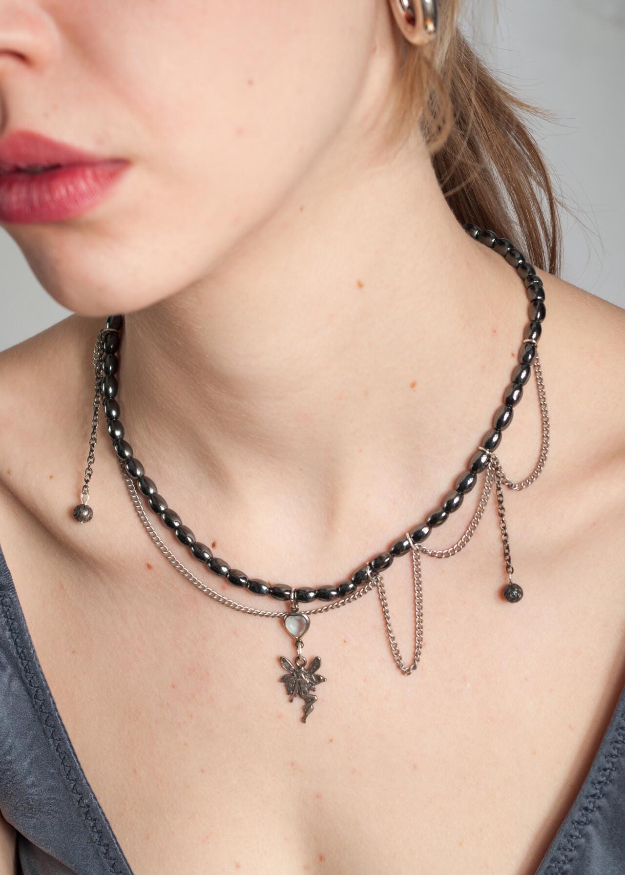 Vintage Y2K Silver Necklace With Fairy Pendant - 2000s Handmade 