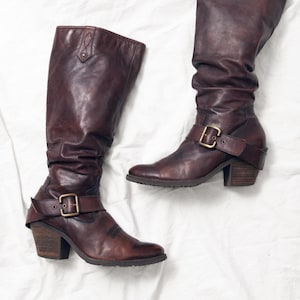 Vintage Y2K Cowboy Boots in Brown Real Leather - 2000s Western Style Knee High Shoes - Size 39
