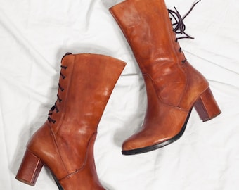 Vintage Y2K Schnürstiefel aus Leder in Braun – Schuhe im Whimsigoth-Stil der 2000er – Stiefeletten mit hohem Absatz – Größe 39