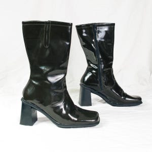 Vintage Y2K High Heel Patent Leather Boots in Dark Green - 2000s Ankle Boots Footwear - Size 38