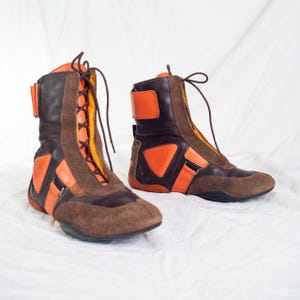 Vintage Y2K Escada Leather Boxing Boots in Orange and Brown - 2000s Real Leather Biker Boots - Boxing Sports Shoes - Size 36