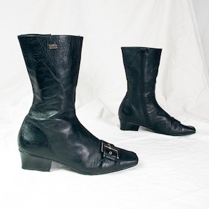 Vintage Y2K Buffalo Boots in Black Leather - 2000s Designer Buckle Ankle Boots Real Leather Pointed Shoes - Size 39