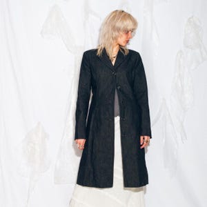 Vintage Y2K Blazer Coat in Faded Black Denim - 2000s Long Spring Jacket - Y2K Aesthetic Outerwear - Size M