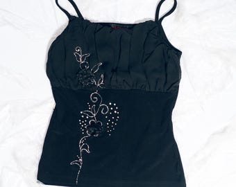 Vintage Y2K Slip Top in Black Whimsigoth 2000s Embroidered Flower Top Size S