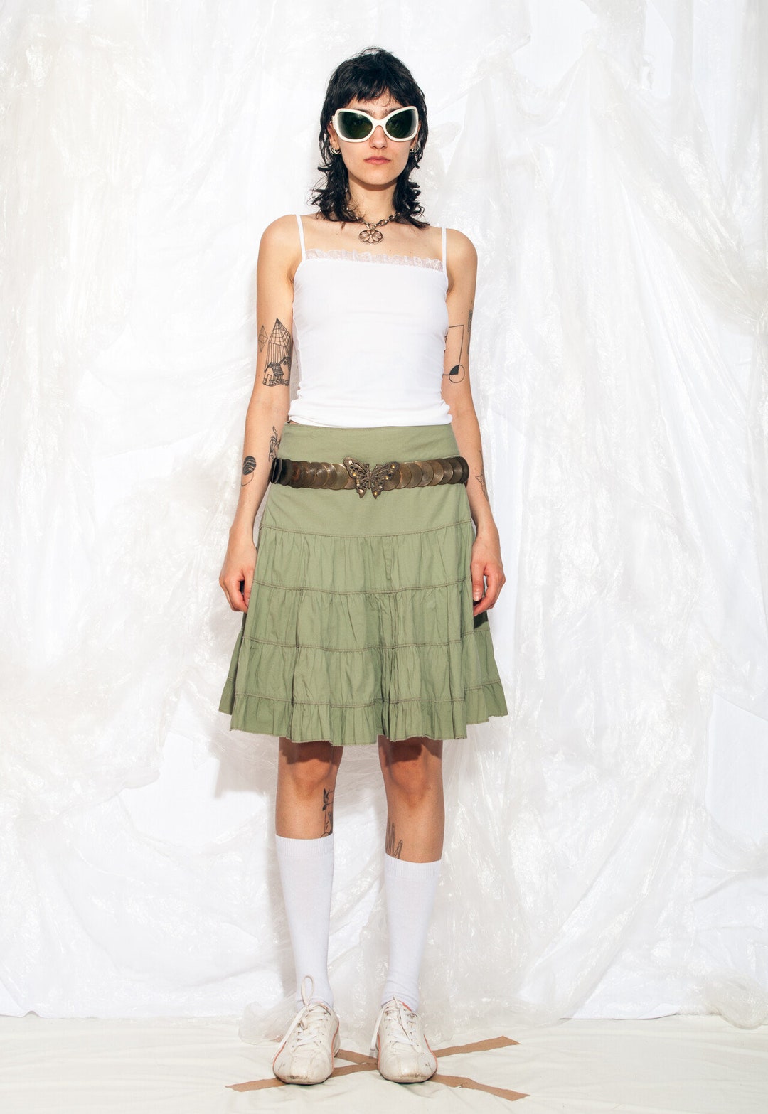 Vintage Y2K Tiered Midi Skirt in Green 2000s Fairycore