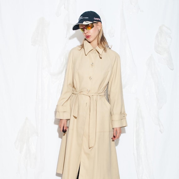 Vintage 80s Diolen Trench Coat in Beige - 1980s Minimalist Long