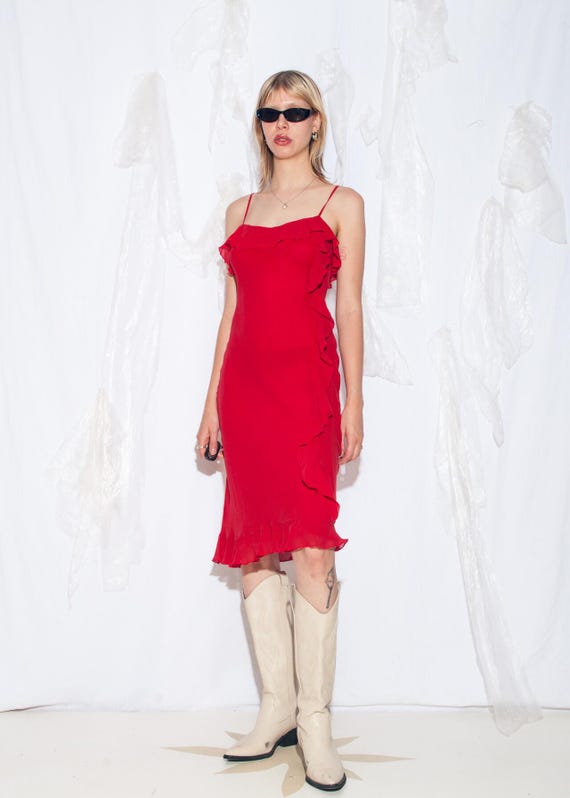 Vintage Y2K Midi Dress in Red Silk - 2000s Frilly Party Slip for Evening -  Prom Fashion Occasionwear - Size S - Etsy
