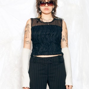 Vintage Y2K Crop Top in Black Mesh 2000s Festival Rave Shirt Gothic Punk Top Cybergoth Grunge Large