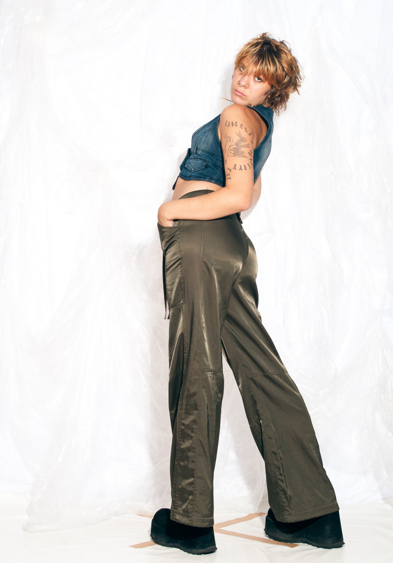 Vintage Y2K Cargo Flare Trousers in Khaki Green Shiny Satin Fabric