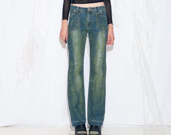 Reworked Vintage 90s Flare Jeans in Hand Painted Green Blue - Upcycled Y2K Grunge Denim Pants - 90s Fashion Style - Size M