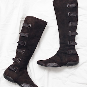 Vintage Y2K leren laarzen van Why Not - bruine kniehoge schoenen voor bikerboksen jaren 2000 - maat 37