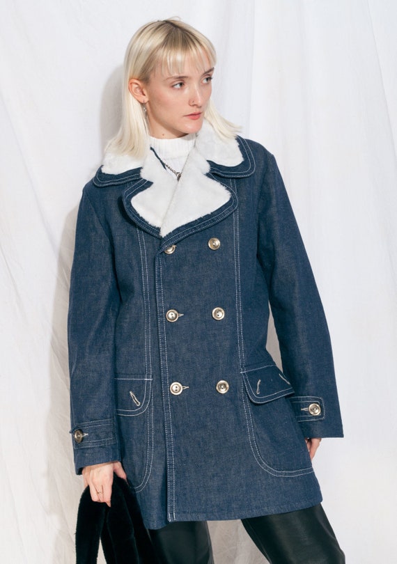 Vintage Denim Jacket 70s Shearling Style Faux Fur