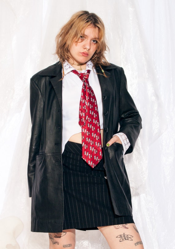 Vintage Leather Jacket 90s Grunge Matrix Coat in Black Y2K Rave Coatie Large