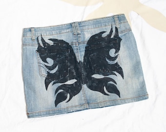 Upcycled 2000s Stonewashed Denim Micro Skirt - Hand Painted Vintage Butterfly Fairycore  Mini - Size M