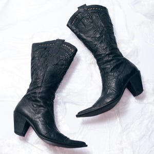 Vintage Y2K Cowboy Boots in Black Leather - 2000s Western Style - Real Leather Biker Footwear - Size 40