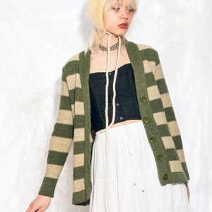 Vintage Y2K Knit Cardigan in Green Beige Vertically Striped 2000s Grungey Fairycore Grunge Sweater Small image 2