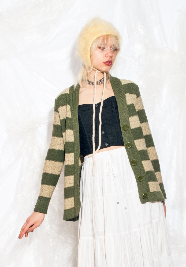 Vintage Y2K Knit Cardigan in Green Beige Vertically Striped 2000s Grungey Fairycore Grunge Sweater Small image 2